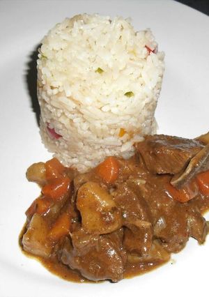 A picture of Beef stew with Savoury Rice.
