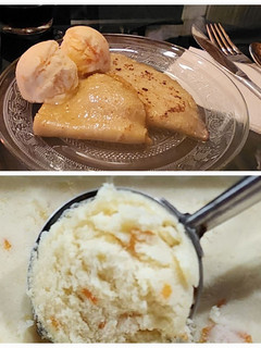 Una foto de Helado de quinotos en almíbar sobre crêpes flambeadas 🔥 (con claras pasteurizadas!)