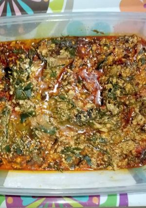 A picture of Egusi and ukazi soup.
