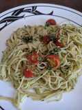 Pesto with angel hair pasta and grape tomatoes