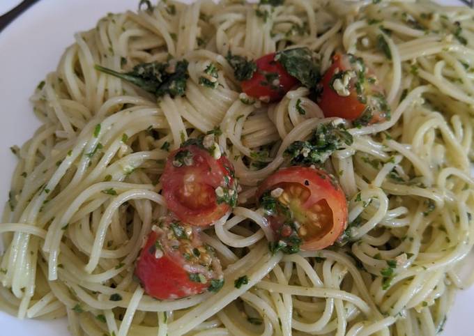 Pesto with angel hair pasta and grape tomatoes