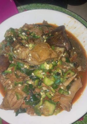 A picture of Okro soup with chicken.