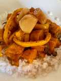 Roasted Sweet Potatoes with Spices, Yellow Peppers, and Oven-Roasted Garlic