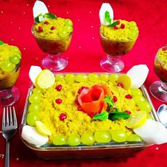 A picture of Moong daal khichdi with fruit and vegetables.