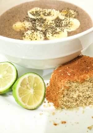 A picture of Whole meal millet porridge with ugali cake.