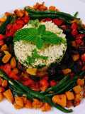Tabulé templado de anís y menta con verduras fritas y frutos secos