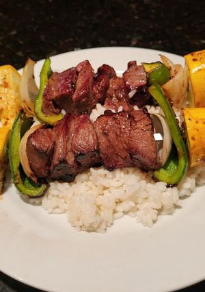 A picture of Teriyaki Orange-Glazed Beef Kabobs.