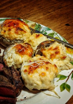 A picture of White Cheddar Crab Stuffed Mushrooms.