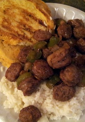 A picture of Lee's Italian Sausage on Rice.