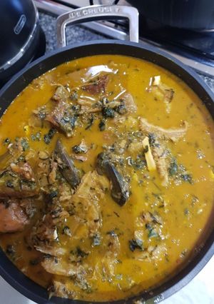 A picture of Native soup with ukazi leaf.