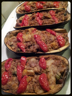 A picture of AMIEs Eggplants Stuffed with Sausage.