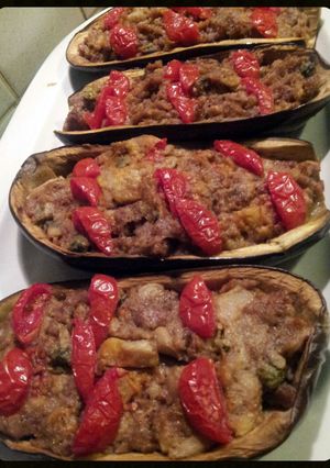 A picture of AMIEs Eggplants Stuffed with Sausage.