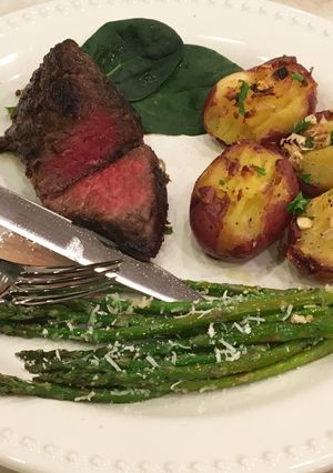 A picture of Wagyu Top Sirloin Steak With Asparagus & Potatoes.