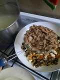 Fideos integrales con berenjena, cherry, roquefort