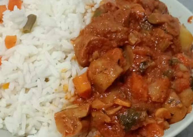 Simple Way to Make Award-winning Beaf and mushroom stew paired with garnished coconut rice