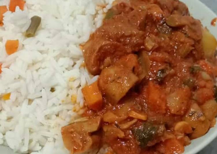 Step-by-Step Guide to Make Quick Beaf and mushroom stew paired with garnished coconut rice