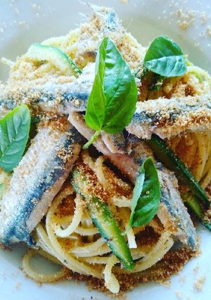 A picture of Spaghetti with Fresh Anchovies, Zucchini, and Toasted Breadcrumbs.