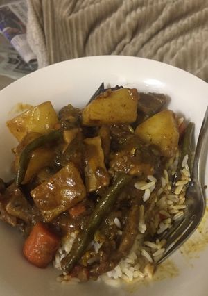 A picture of Beef stew with rice.