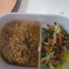 A picture of Sweet potatoes, cabbage and mince meat sauce.