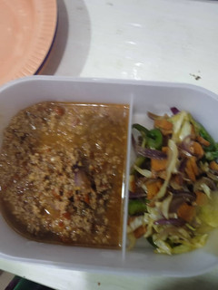 A picture of Sweet potatoes, cabbage and mince meat sauce.