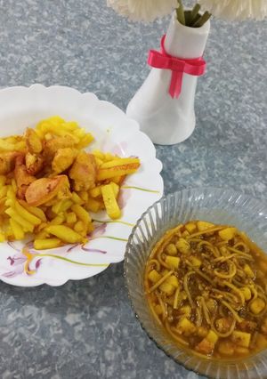عکسی از دستور مرغ سرخ شده با سیب زمینی و سوپ😋