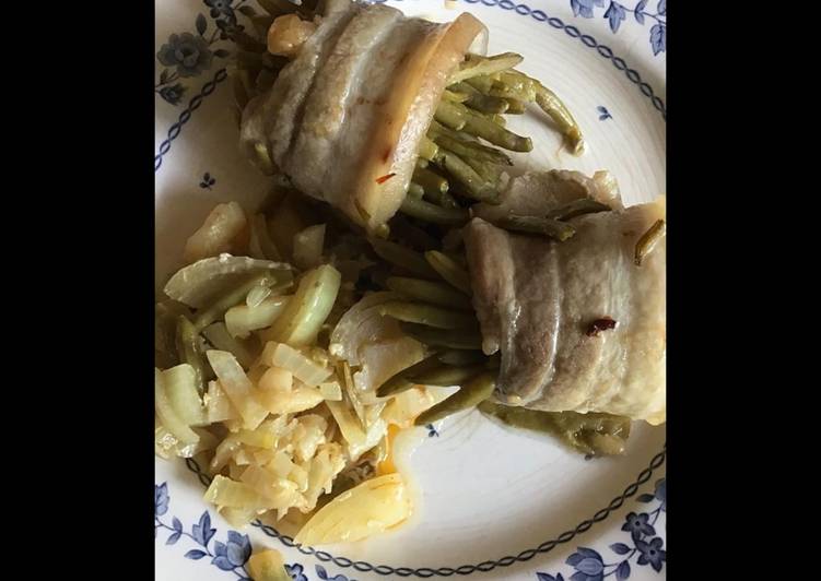 Fagots de haricots verts au lard et oignons confits