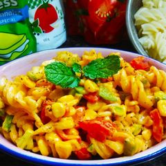 A picture of Rotini pasta salad.