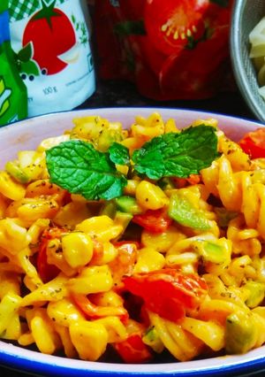 A picture of Rotini pasta salad.