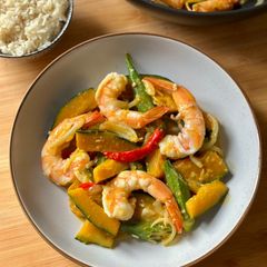 A picture of Kabocha with King Prawns, Coconut Milk & Okra.