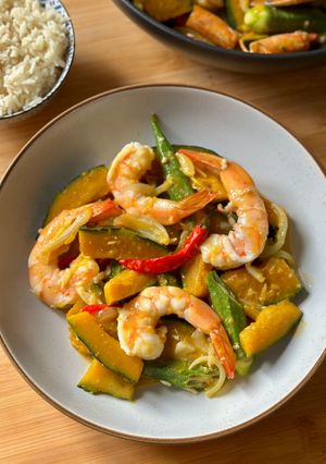 A picture of Kabocha with King Prawns, Coconut Milk & Okra.