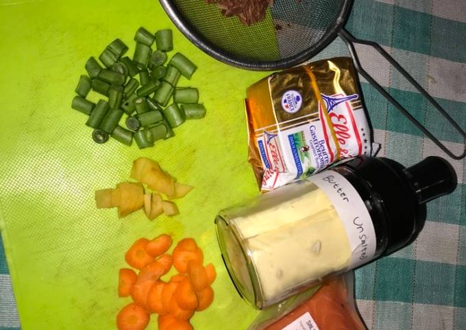 Resep mpasi 6 - 7 bulan, salmon, beras merah, & 3 macam sayuran with unsalted butter