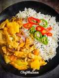 Spicy Pineapple Chicken and Basmati Rice with Mixed Chilli and Black Sesame seeds Garnish