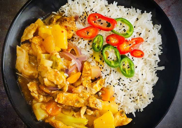Recipe of Super Quick Homemade Spicy Pineapple Chicken and Basmati Rice with Mixed Chilli and Black Sesame seeds Garnish