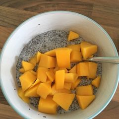A picture of Chia pudding with mango.
