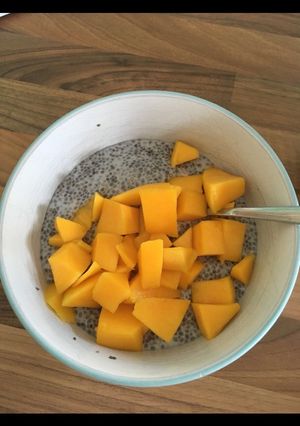 A picture of Chia pudding with mango.