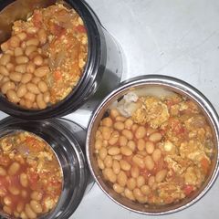 Boiled yam, egg sauce and baked beans by the side! A picture of Boiled yam, egg sauce and baked beans by the side!.