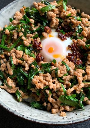 A picture of Gochujang Pork & Garlic Chives Rice Bowl.
