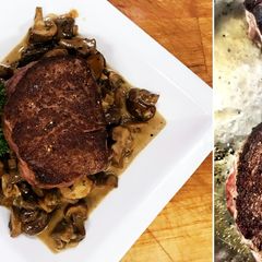 A picture of Wagyu Filet Mignon with Fresh Cherry-Shallot Pan Sauce.