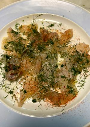 A picture of Sea Bream Carpaccio with Wild Fennel.