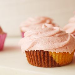 A picture of Neapolitan Cupcakes - Chocolate & Vanilla Sponge Cake with Fresh Strawberry Buttercream Frosting.