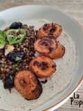 Salade de lentilles, carottes rôties et houmous