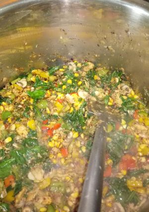 A picture of Spinach corn sausage rice.