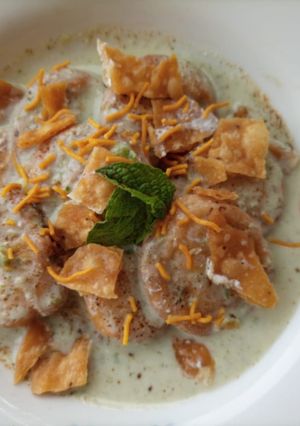 A picture of Moong dal Dahi Bhalla Chaat.