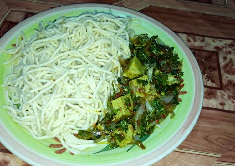 Step-by-Step Guide to Make Favorite Spaghetti with green vegetable and egg moi moi