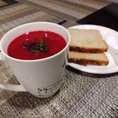 A picture of Beetroot and potato soup.