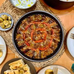 A picture of Firinda Patlican Kebabi (Baked Aubergines with Lamb Meatballs Kebab).