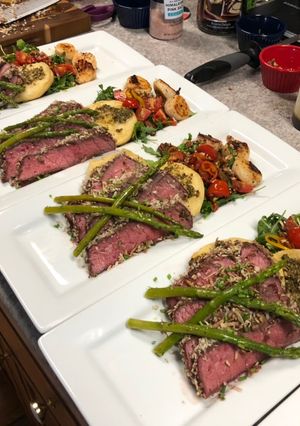 A picture of Honey Pecan Coconut Crusted London Broil.