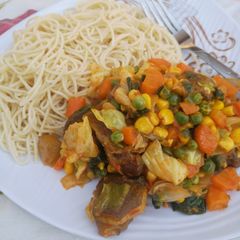 Spaghetti with veggies sauce A picture of Spaghetti with veggies sauce.