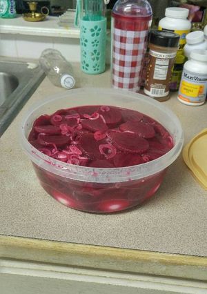 A picture of Red beet eggs.