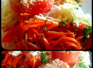 Una foto de Tomate rellenos de couz couz, con ensalada liviana...😉🍽🧂